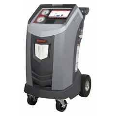 This ROBINAIR machine recovers, recycles, and recharges R-1234yf refrigerant in gas vehicles. It meets SAE J2843 standards, includes A/C component flushing capability, and features a capacitive touch LCD display with Bluetooth connectivity for data transfer. The unit operates with an external tank.