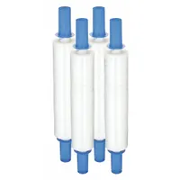 Clear stretch wrap film for manual pallet wrapping and unitizing loads. Each roll measures 30 inches wide by 1,000 feet long. The handle with brake design provides operator control during application. Supplied in a 4-pack