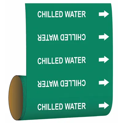 BRADY Pipe Marker: Chilled Water, Green, White, Fits 2 1/2 to 6 in Pipe O.D. - Chilled Water Adhesive Pipe Markers on a Roll