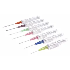 Safety IV catheter with 20 gauge stainless steel needle and PTFE catheter, 4 1/8 in overall length, pink color. Designed for intravenous access to administer fluids or medications while reducing needlestick injury risk.