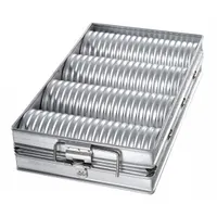 This set includes four crimped round bread pans made of aluminized steel in 26 ga gauge. Each pan has a silver finish and the set has an overall width of 10 1/2 inches. Suitable for commercial baking of round loaves, the aluminized steel construction promotes even heat distribution