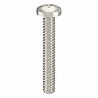Pan head machine screw with #4-40 thread, 3/4 in length, made from 18-8 stainless steel with plain finish. Features a Phillips drive with #1 drive size. Supplied in a 50-pack. Commonly used for fastening components in machinery, electrical enclosures, and instrumentation where corrosion resistance is required