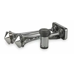 Low-tone air-powered horn kit with chrome-plated silver finish. Includes heavy-duty compressor. Compatible with trucks. Operates on 12V DC.