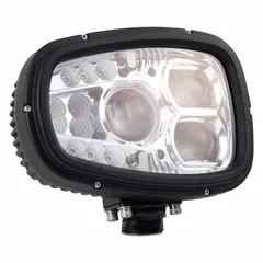 This GROTE LED headlamp assembly features a heated lens to prevent ice buildup, with low beam operation and a swivel mount for directional adjustment. The aluminum housing provides structural integrity, and the 6-pin DT connector ensures a secure electrical connection. Suitable for heavy-duty vehicles operating in cold climates where ice accumulation on lighting is a concern.