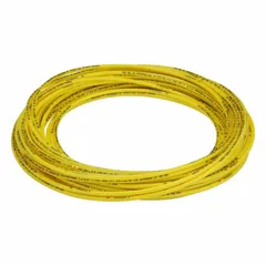 Yellow polyurethane tubing with 1/8 in ID and 1/4 in OD, supplied in a 100 ft length. Hardness Shore A 90 to 95, maximum operating pressure 250 psi at 180°F. Suitable for pneumatic and fluid transfer in industrial automation, robotics, and instrumentation.