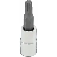 This Torx bit socket features a T20 tip size and a 1/4 in drive size for use with standard ratchets and drivers. The fixed insert design provides secure engagement with T20 Torx fasteners. Overall length is 1 5/8 in. Suitable for driving Torx fasteners in assembly, repair, and maintenance tasks.
