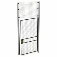 Steel swing door with right-hand swing, powder-coated black finish. Measures 10 ft high by 4 ft wide by 1 3/4 in deep. Designed for quick assembly in woven-wire partition systems to provide secure access points in industrial storage areas, warehouses, and distribution centers