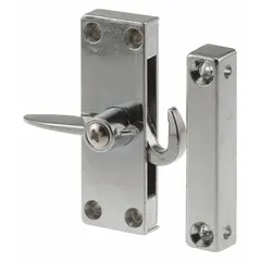 Silver-finished screen door latch and keeper set. Overall height 2-3/4 in, length 1 in, width 1/2 in. Used for securing screen doors in residential and light-commercial applications.