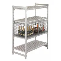 This CAMBRO Security Cage is a Universal-series shelving accessory designed to secure stored items in industrial or commercial environments. It fits standard shelving systems, providing a lockable enclosure for tools, parts, or supplies. Dimensions: 24 in height, 21 in depth, 30 in length. Color: Silver