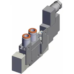 Single solenoid, five-way/two-position, monostable directional control valve from the SY7000 Series. Operates at 24 VDC with 5 ports, DIN solenoid connector, internal pilot, and non-locking manual override. Used to actuate pneumatic cylinders and actuators in industrial automation applications such as packaging, material handling, and assembly lines.