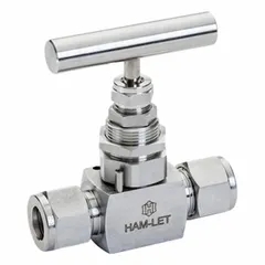 This HAM-LET needle valve features a 316 stainless steel straight body with FNPT x FNPT connections, a V-stem, and a screw-in bonnet. Designed for precise flow control of liquid media in industrial piping systems, it includes a metal tee handle and conforms to ISO 2006(E) standards.
