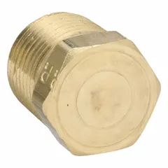 Threaded pipe plug with 3/8 in NPT connection, made from C37700 brass. Rated for maximum operating pressure of 1,000 psi. Overall length of 25/32 in. Used to seal open ports in industrial piping systems, including hydraulic and pneumatic circuits.
