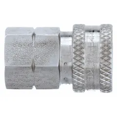 This PARKER ST Series coupling body is a hydraulic quick-connect component with 1/8"-27 threads, constructed from 303 stainless steel. It has a maximum flow rate of 11.36 lpm and is designed for use in fluid power systems requiring frequent connection and disconnection. Typical applications include hydraulic lines in industrial machinery, where corrosion resistance is needed.