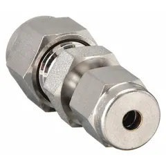 This HAM-LET compression fitting union is a double-ferrule stainless steel fitting with Compression x Compression ends, sized for 1/2 in OD and 3/8 in OD tubing. It is compatible with Swagelok fitting brands and provides a leak-tight, vibration-resistant seal for industrial tubing systems.