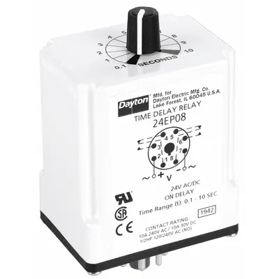 Dayton Single Function Time Delay Relay: Socket Mounted, 24V AC/DC, 10 A, 8 Pins/Terminals - Socket-Mounted Relays