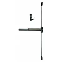 Surface vertical rod exit device with touchbar for doors up to 3 ft wide. Bronze construction. Includes dummy pull for exterior access. Releasing the touchbar retracts vertical rods at top and bottom of door for egress