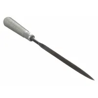 Triangular needle file with a length of 5 1/2 inches, width of 1/8 inch, and thickness of 7/64 inch. Type 0 cut. Suitable for precision filing in tight angles, keyways, and small internal corners in metalworking and tool-and-die making