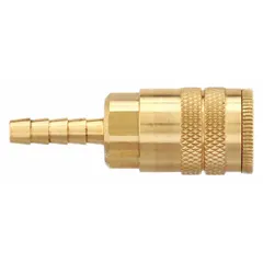 This brass quick-connect air coupling body features a sleeve locking type and a male 5/16 in hose fitting. Designed for pneumatic systems, it enables fast, secure connections and disconnections without tools, suitable for air tools and hose lines in industrial settings.