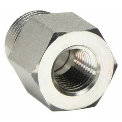 This carbon steel adapter connects 1/4 in male threaded to female NPT threaded lines in extreme-pressure hydraulic systems. Rated for 6,000 psi maximum operating pressure, it is used in industrial fluid conveyance applications requiring reliable high-pressure connections.