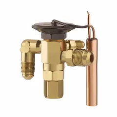 Angle-configured thermostatic expansion valve for R-134A refrigerant with a nominal capacity of 0.3 tons. Features field-adjustable superheat, removable strainer, and includes a sensing bulb mounting clamp. Used in refrigeration and HVAC systems to regulate refrigerant flow into the evaporator.