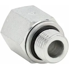 Steel adapter with 16 mm male threaded end and 3/8 in female NPT threaded end. Rated for maximum operating pressure of 5,000 psi. Used in high-pressure fluid systems for connecting steel pipes in industrial hydraulic applications.