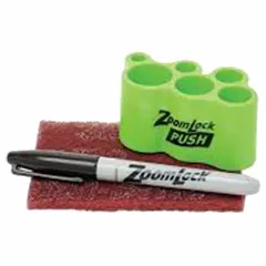 This installation kit includes a hand pad, dp gauge, and permanent marker for use with Parker push-fit fittings. It is used in industrial pneumatic and fluid systems for assembly, leak testing, and marking tasks.