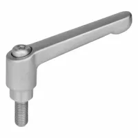 This adjustable handle features a teardrop-shaped body with a threaded stud for clamping and positioning tasks. It has an M5 thread, 32 mm thread length, and 45 mm overall length. The stainless steel adjustable lever and corrosion-resistant construction suit applications requiring frequent adjustment in industrial environments