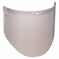 This replacement visor is made of clear, dielectric polycarbonate with a thickness of 2 mm and overall height of 9 in. It is heat-resistant and designed for use with face shield assemblies in industrial environments where impact, splash, and heat protection is required.