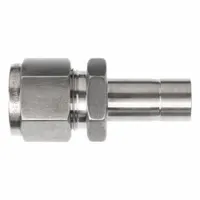 This straight compression fitting is made of stainless steel and features a single-ferrule design. It is clean and bagged for applications requiring controlled contamination levels. The fitting connects 3/8 in OD tubing to 1/4 in OD tubing, suitable for hydraulic, pneumatic, and instrumentation systems