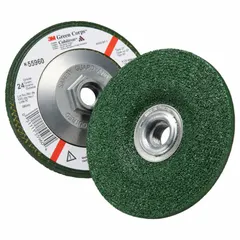 This 3M Green Corps grinding wheel is a Type 27 depressed center wheel with ceramic grain and 24 grit. It measures 4-1/2" diameter by 1/4" thickness with a 5/8"-11 arbor hole. The wheel is designed for cool-cutting on carbon and stainless steel, suitable for weld grinding, beveling, and surface blending in metal fabrication and maintenance tasks.