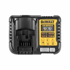 The DEWALT DCB1104 is a single-port battery charger for 12V DC, 20V DC, and 60V DC batteries. It operates on 120V AC input and charges a 6 Ah battery in one hour. This charger is used to recharge power tool batteries in workshops and construction sites.