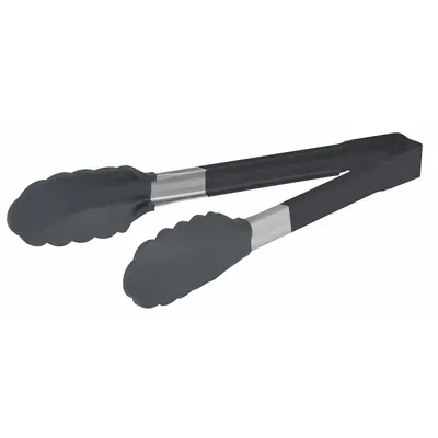 VOLLRATH Scalloped Tongs with Nylon Blade, 9 1/2 in, Black, Coated Handle, NSF