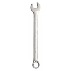 This metric combination wrench features a 12-point box end and an offset design for improved access in confined spaces. Made from alloy steel with a chrome finish, it has a 27 mm head size and a 14-inch overall length. Suitable for tightening or loosening metric fasteners in automotive, machinery, and industrial applications.