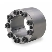 This TSUBAKI keyless bushing is a multi-screw locking assembly type for mounting components such as pulleys or sprockets onto shafts without keyways. It is made of carbon steel, has an outer diameter of 3 9/64 in and a width of 2.52 in, and is designed for inch-system shafts. It provides a secure, zero-backlash connection in power transmission applications