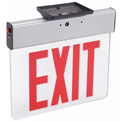 LITHONIA LIGHTING Edge-lit Exit Sign: 2 Faces, Red, Aluminum, Universal Field Selectable Chevrons - Universal-Mount Edge-Lit Exit Signs