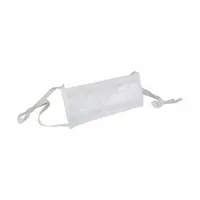 This disposable respirator is rated ISO 3, Class 1 for particulate filtration in controlled environments. It features a flat-fold design with a metal nose clip and adjustable headstraps for a secure fit. Constructed from fabric/polyethylene in white, the mask is universal size and supplied in a 20-pack
