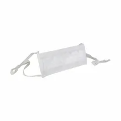 This disposable respirator is rated ISO 3, Class 1 for particulate filtration in controlled environments. It features a flat-fold design with a metal nose clip and adjustable headstraps for a secure fit. Constructed from fabric/polyethylene in white, the mask is universal size and supplied in a 20-pack.