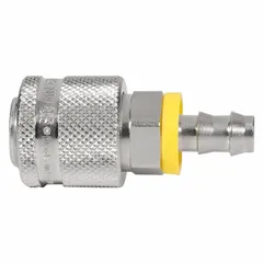 This brass quick-connect air coupling body is designed for industrial interchange pneumatic systems. It features a 3/8 in body size with a 3/8 in male hose barb fitting and ball locking mechanism, enabling secure connections in compressed air lines.