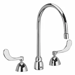 This ZURN AquaSpec® widespread kitchen faucet is constructed from brass with a chrome finish. It is designed for deck mounting with three mounting holes, suitable for commercial or residential kitchen sinks requiring a widespread configuration.