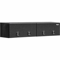 Double flip-up door topside box with T-handle compression lid and keyed lock. Gloss black finish. Designed for secure, organized storage of tools and equipment on a truck bed.