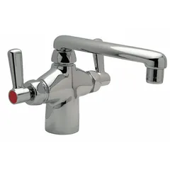 Single-post laboratory faucet with chrome finish, designed for cold and hot water media. Features two lever handles for manual flow and temperature control. Suitable for use in laboratory sinks requiring precise water dispensing.