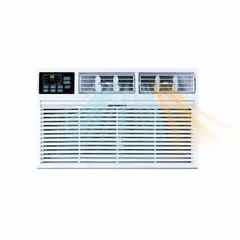 Residential-grade through-the-wall air conditioner for cooling and heating. Operates at 230V AC with a NEMA 6-20P plug and a CEER rating of 9.3. Provides 14,000 BTU cooling capacity for spaces up to 700 sq ft. Fixed chassis design for permanent wall installation.