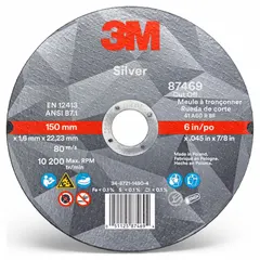 3M Silver Series cut-off wheel, Type 1, 6" diameter, 0.045" thickness, 7/8" arbor hole. Ceramic grain, 60 grit. Designed for cool-cutting on carbon and stainless steel. Suitable for metal fabrication, maintenance, and repair tasks.