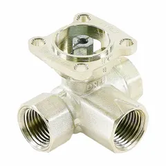 3-way characterized control valve body with 1/2 in female NPT connections, 1.9 CV flow, and 1.9 bypass CV flow. Constructed with a brass ball and brass body, it is designed for water-glycol solutions up to 60% and has a close-off rating of 200 psi. Suitable for mixing or diverting applications in HVAC systems.