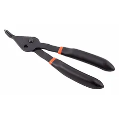 These convertible retaining-ring pliers are designed for installing and removing both external and internal retaining rings. They accommodate bore diameters from 8 mm to 18 mm and shaft diameters from 8 mm to 18 mm, making them suitable for general maintenance, assembly, and repair tasks in industrial settings.