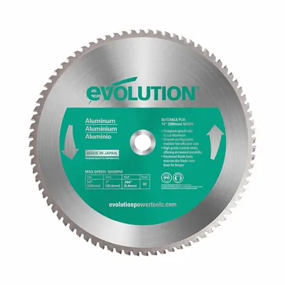 EVOLUTION Circular Saw Blade: 14 in Blade Dia., 80 Teeth, 0.09 in Cut Wd, 1 in Arbor Size - Aluminum & Soft Metal-Cutting Blades