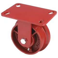 This rigid plate caster features a single-flange track wheel with an iron wheel measuring 4 15/16 in diameter and 2 1/8 in width, and a mounting height of 6 1/8 in. It is suited for material handling carts, platform trucks, and assembly-line equipment in industrial environments.