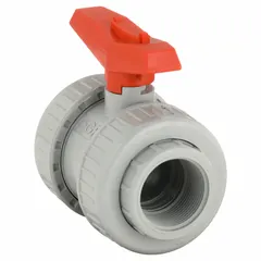 Manual two-way ball valve with a straight, two-piece CPVC body. Features socket x FNPT connections and a lever handle for on/off control. Suitable for industrial fluid handling systems requiring corrosion resistance.