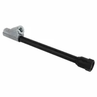 This heavy-duty tire chuck is designed for checking tire pressure on vehicles and equipment. Its straight long-reach push-on dual-head configuration allows access to valve stems in confined spaces. Constructed from aluminum with a black finish, it features a 1/4 in FNPT thread standard