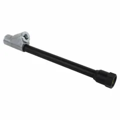This heavy-duty tire chuck is designed for checking tire pressure on vehicles and equipment. Its straight long-reach push-on dual-head configuration allows access to valve stems in confined spaces. Constructed from aluminum with a black finish, it features a 1/4 in FNPT thread standard.